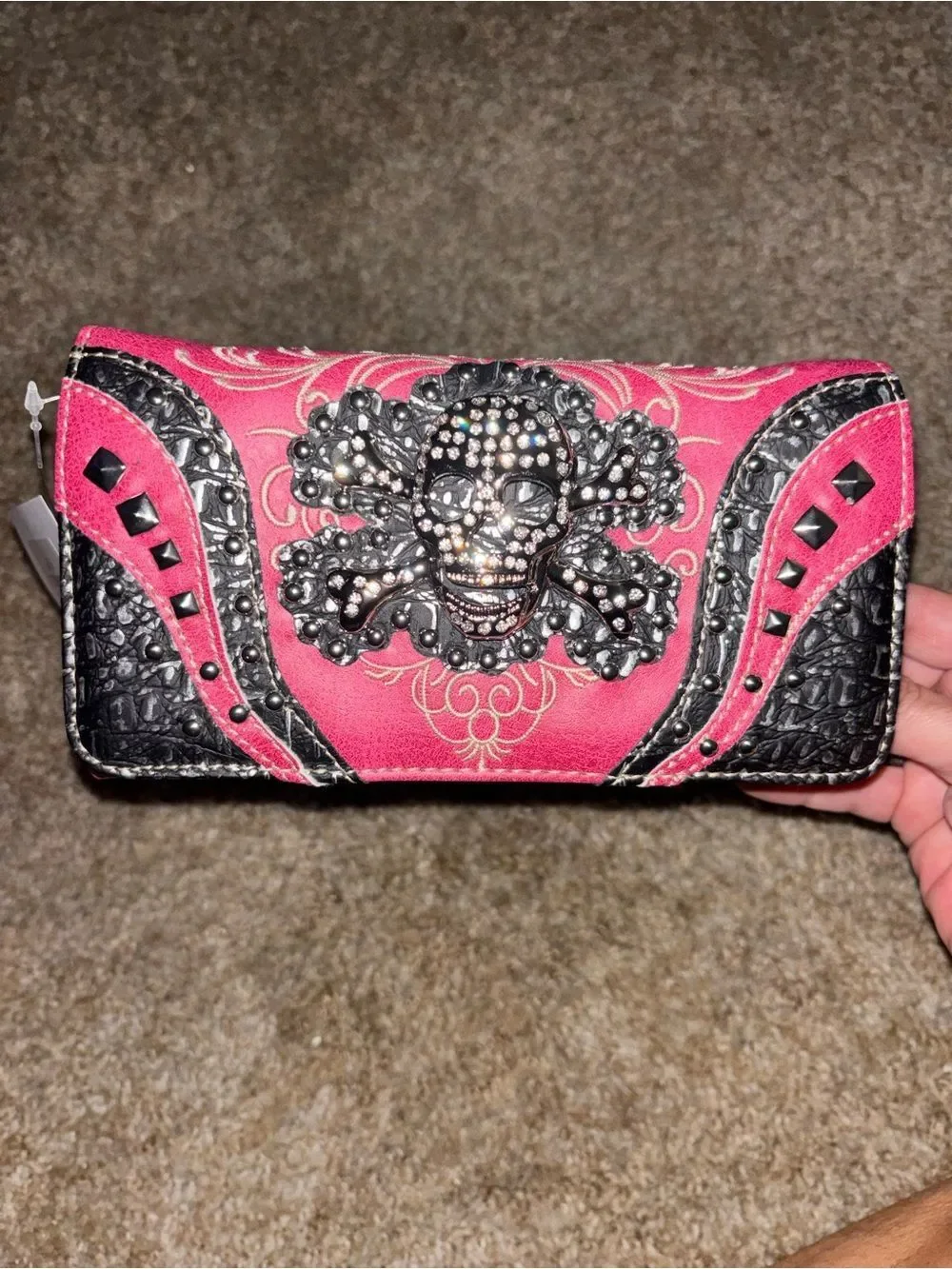 Hot Pink 3D Rhinestone Skull Wallet